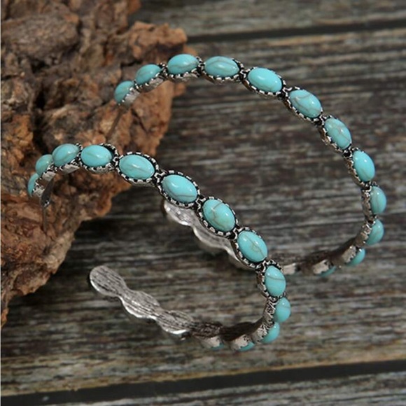 Western Style Turquoise Hoop Earrings - Picture 2 of 6